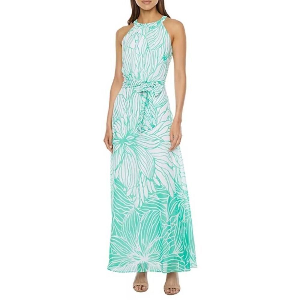 R&K NWT  halter maxi dress size 12 green and white